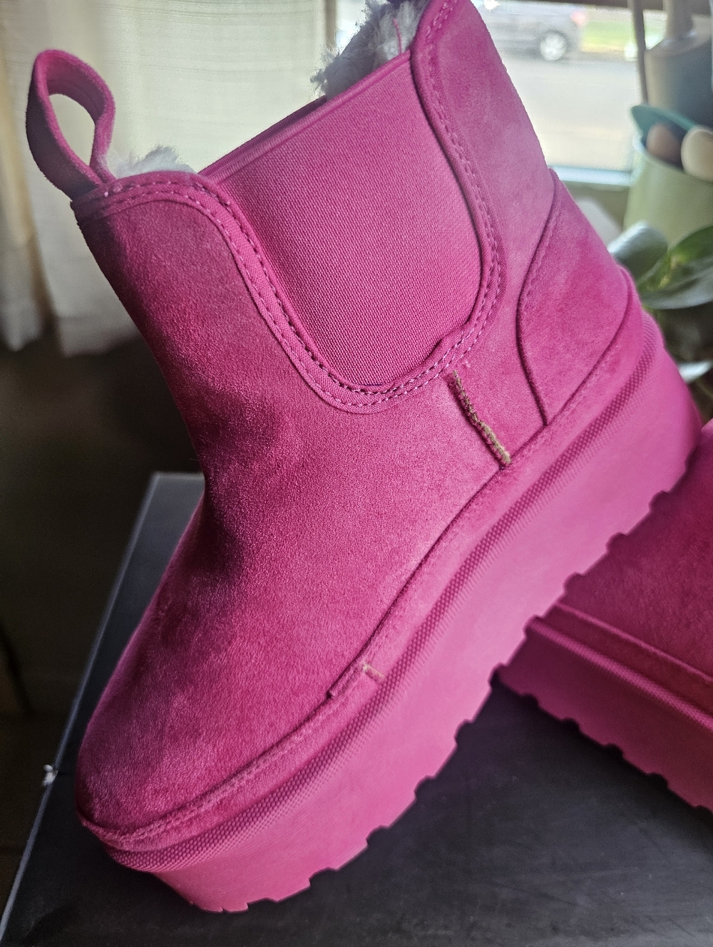 Women's Hot Pink Suede Platform Ankle Boot with Shearling Lining